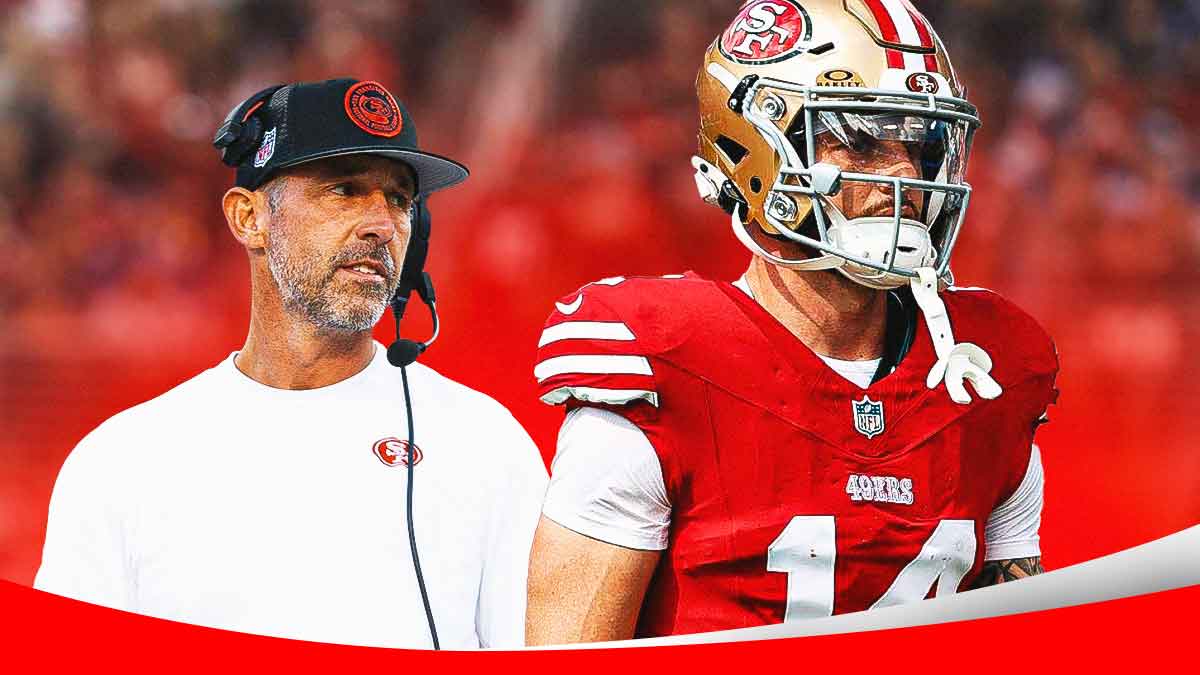 San Francisco 49ers coach Kyle Shanahan with hearts in his eyes looking at Ricky Pearsall in a San Francisco 49ers uniform as the 49ers coach praised the receiver who recovered from injury to help the offense.