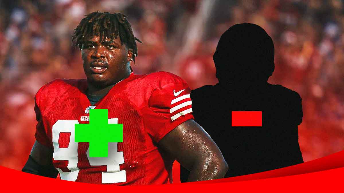 49ers' Khalil Davis (jersey #94) with a green plus sign over him and a blacked out NFL player silhouette with a red minus sign over him