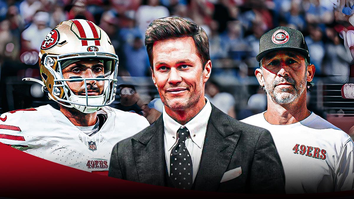 Image of Fox Sports broadcaster Tom Brady (in a suit) next to image of 49ers QB Brandon Allen looking sad next to image of 49ers coach Kyle Shanahan looking upset. 49ers image in background