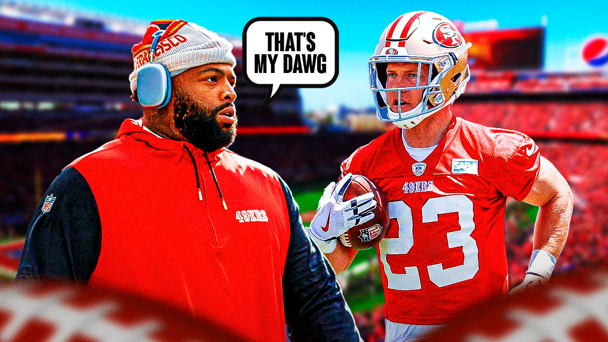 49ers' Trent Williams with a talk bubble that says THAT'S MY DAWG next to Christian McCaffrey