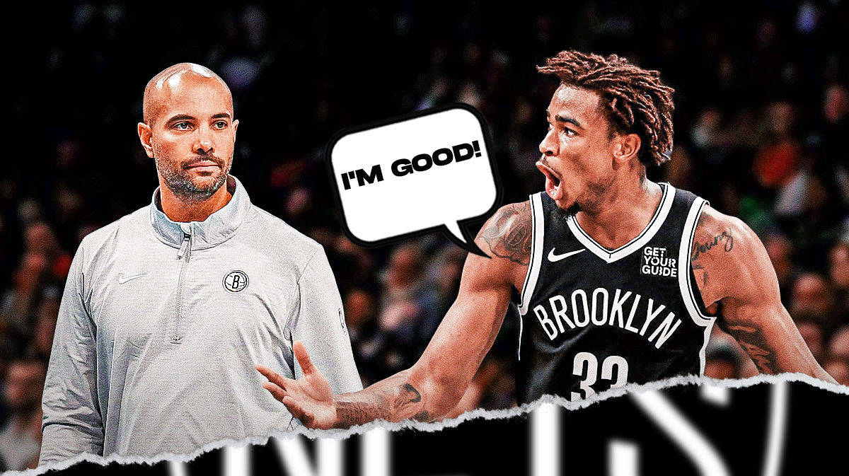 Nic Claxton with a speech bubble saying, "I'm good!" and Jordi Fernandez on the other side