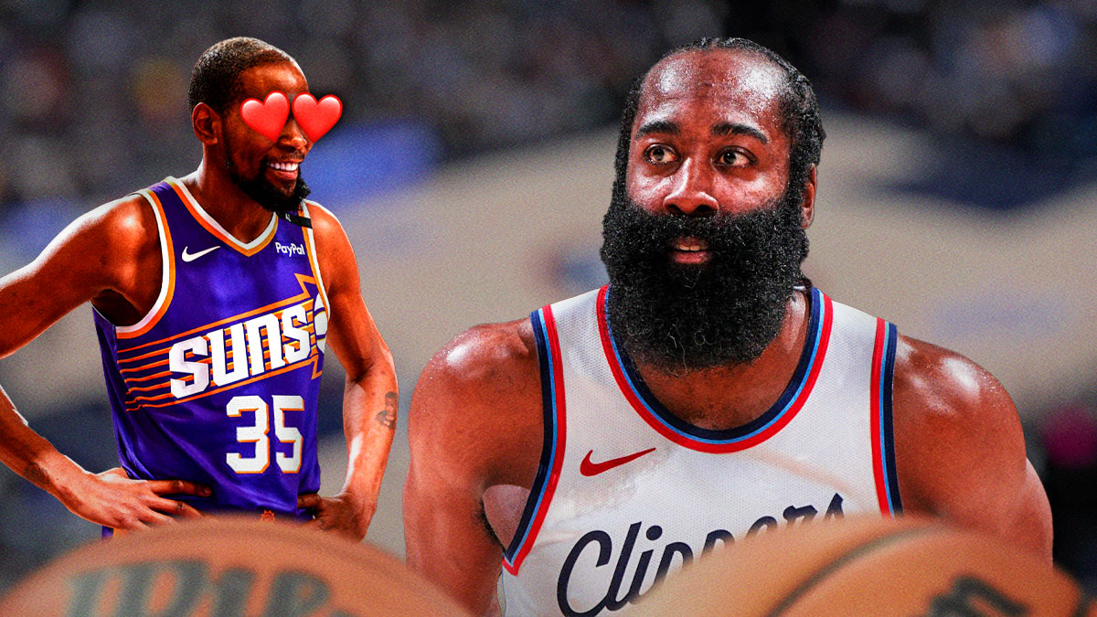 Suns Kevin Durant with heart emoji eyes lookign at Clippers James Harden
