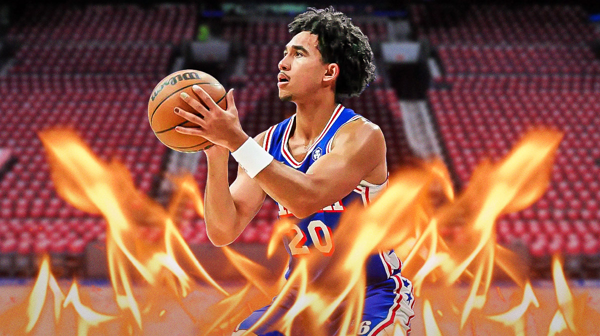 Photo: Jared McCain shooting basketball on fire in 76ers jersey