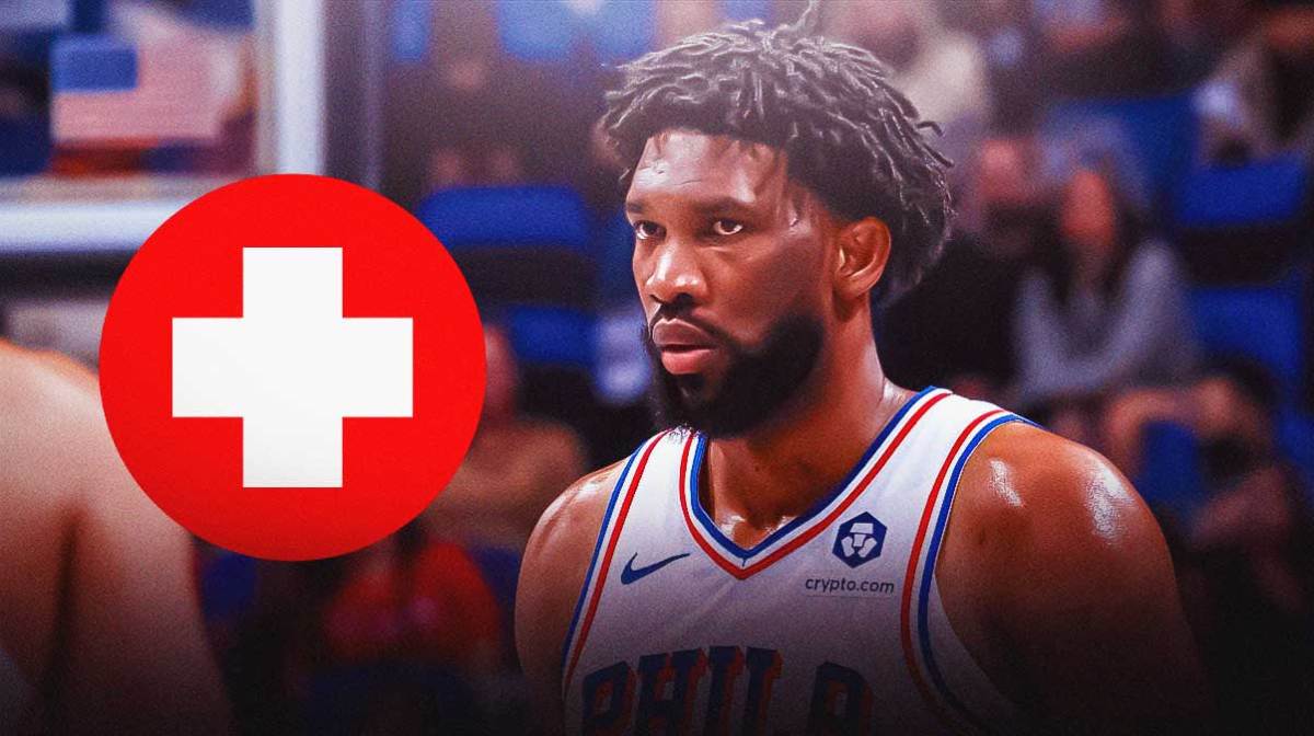 76ers' Joel Embiid next to a healthcare symbol