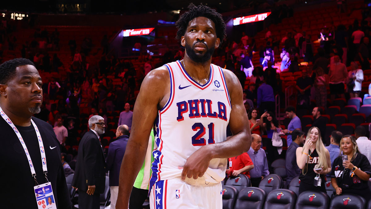 Philadelphia 76ers center Joel Embiid (21) looks on after the game against the Miami Heat at Kaseya Center. 