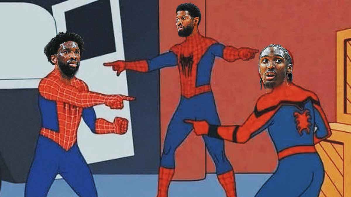 76ers' joel embiid, tyrese maxey and paul george pointing at each other spidermans