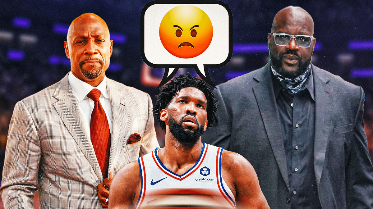 Alonzo Mourning and Shaquille O'Neal with a joint thought bubble of this emoji (😡) with Joel Embiid below them