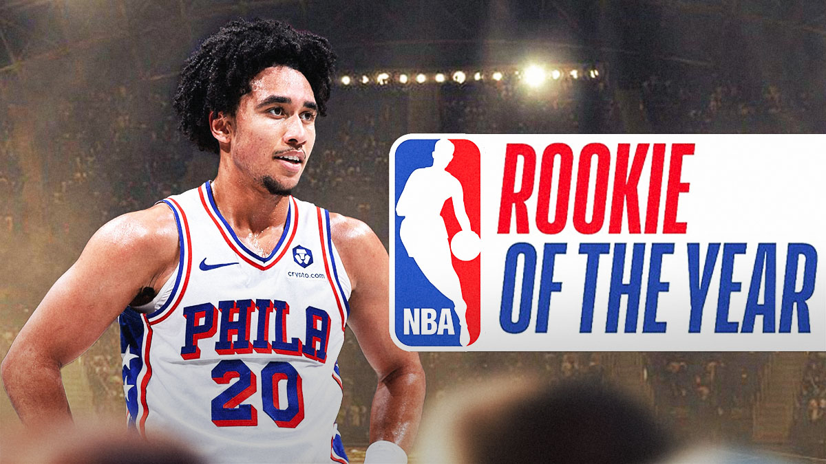 Jared McCain with stars in his eyes with the NBA Rookie of the Year logo as the background.