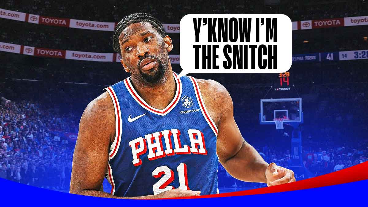 76ers' Joel Embiid with a talk bubble Y'KNOW I'M THE SNITCH 🤫