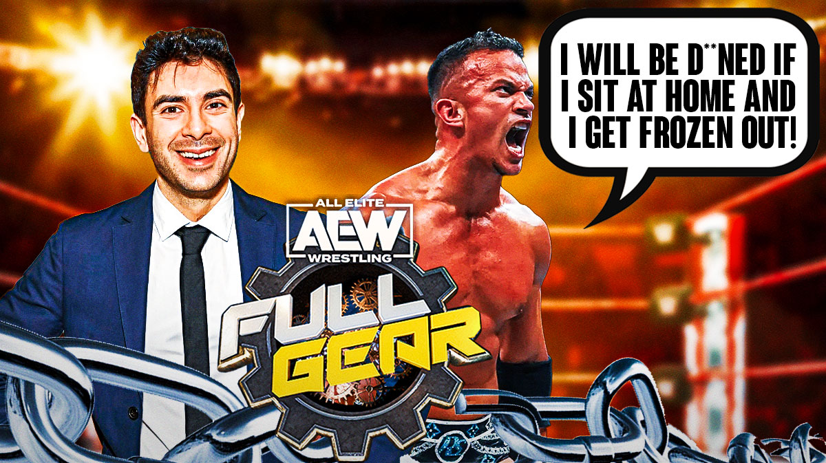 Ricky Starks with a text bubble reading "I will be d**ned if I sit at home and I get frozen out!" next to Tony Khan in front of the AEW Full Gear logo