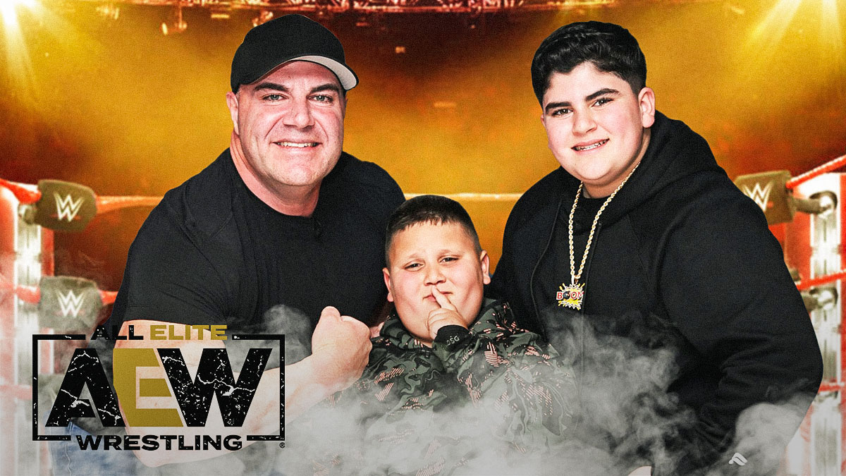 The Costco Guys, AJ and Big Justice plus The Rizzler in front of the AEW Full Gear logo.
