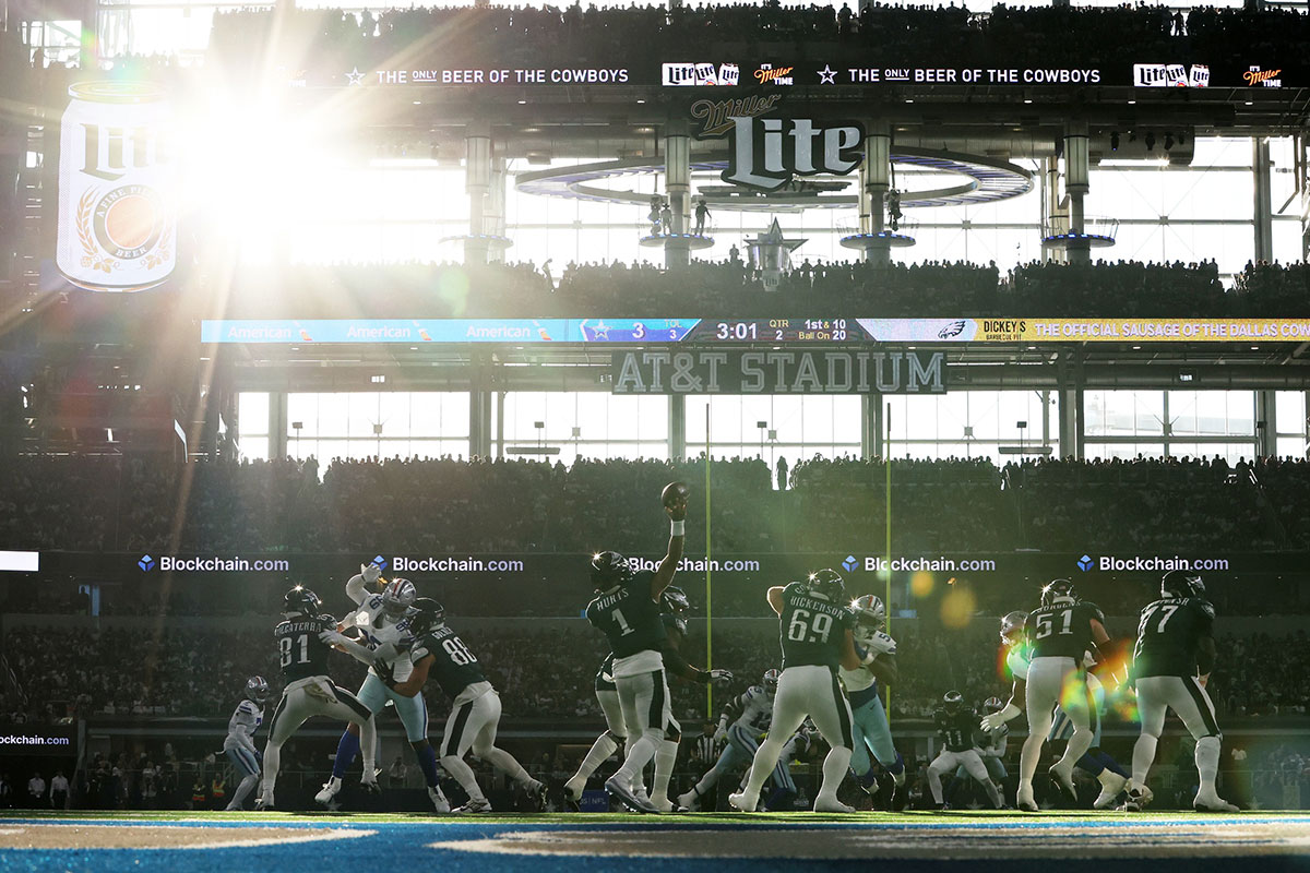 Philadelphia Eagles quarterback Jalen Hurts (1) throws a pass against the Dallas Cowboys in the game at AT&T Stadium.