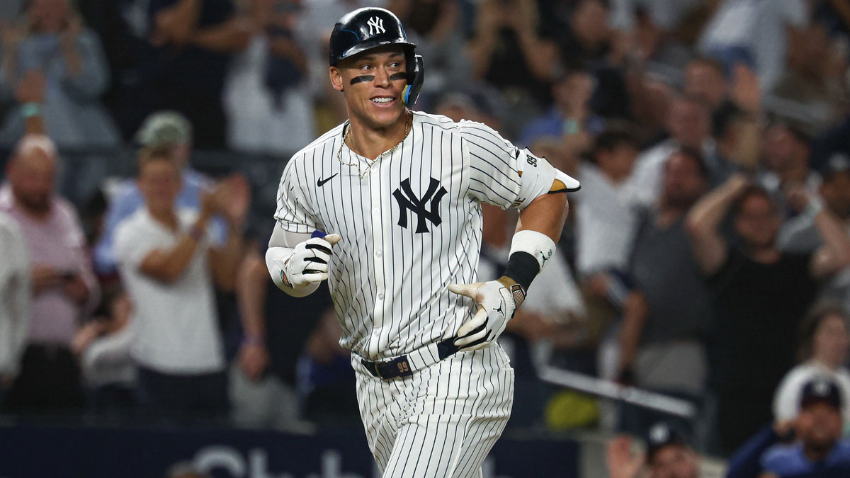 New York Yankees center fielder Aaron Judge (99) runs the bases after hitting a two run home run during the seventh inning against the Baltimore Orioles at Yankee Stadium.