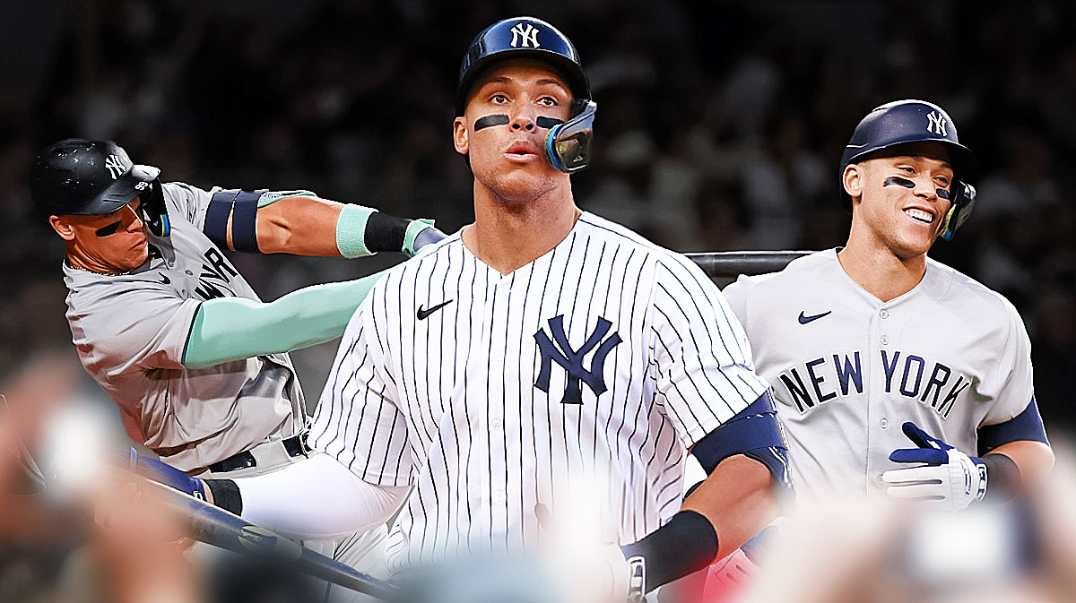 Yankees Aaron Judge in front looking serious. In background on left, Yankees Aaron Judge swinging a baseball bat. In background on right, Yankees Aaron Judge smiling.