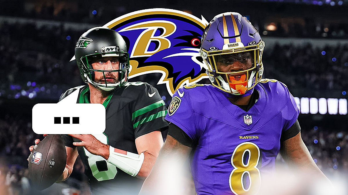 New York Jets QB Aaron Rodgers with a speech bubble that has the three dots emoji inside. He is next to Baltimore Ravens QB Lamar Jackson. There is also a logo for the Baltimore Ravens.