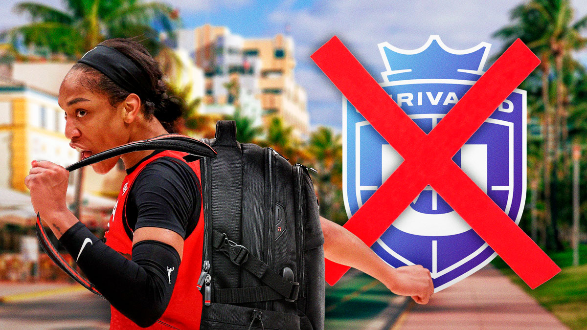 A’ja Wilson with a backpack on and the Unirvaled basketball league next to her, with an X marked through the Unrivaled logo.