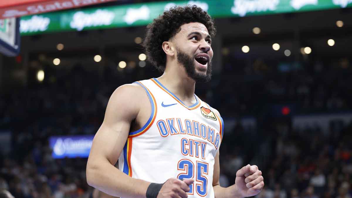 Thunder guard Ajay Mitchell (25) reacts after a play against the San Antonio Spurs during the second quarter at Paycom Center