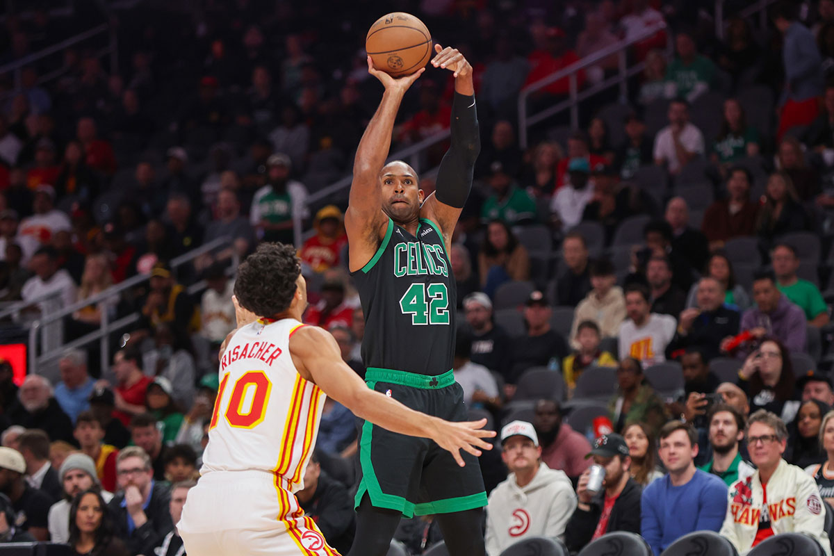 Boston Celtics Center Al Horford (42) shoots against Atlanta Hawks in the first quarter at the State Farm Arena. 