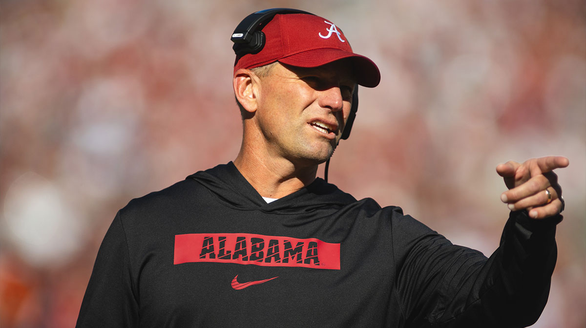 Alabama Crimson Tide head coach Kalen DeBoer gestures during a timeout in the first quarter at Bryant-Denny Stadium