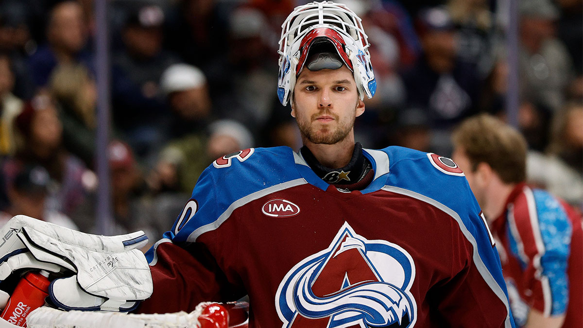 Colorado Avalanche goaltender Alexandar Georgiev (40) in the third period against the Los Angeles Kings at Ball Arena.