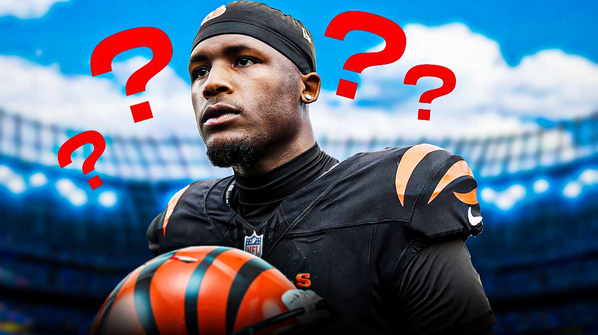 Tee Higgins in a Bengals jersey with question marks surrounding.