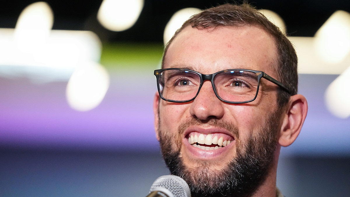 Former Colts quarterback Andrew Luck is interviewed Friday, April 12, 2024, during the Chuckstrong Tailgate Gala at the Colts Practice Facility in Indianapolis.