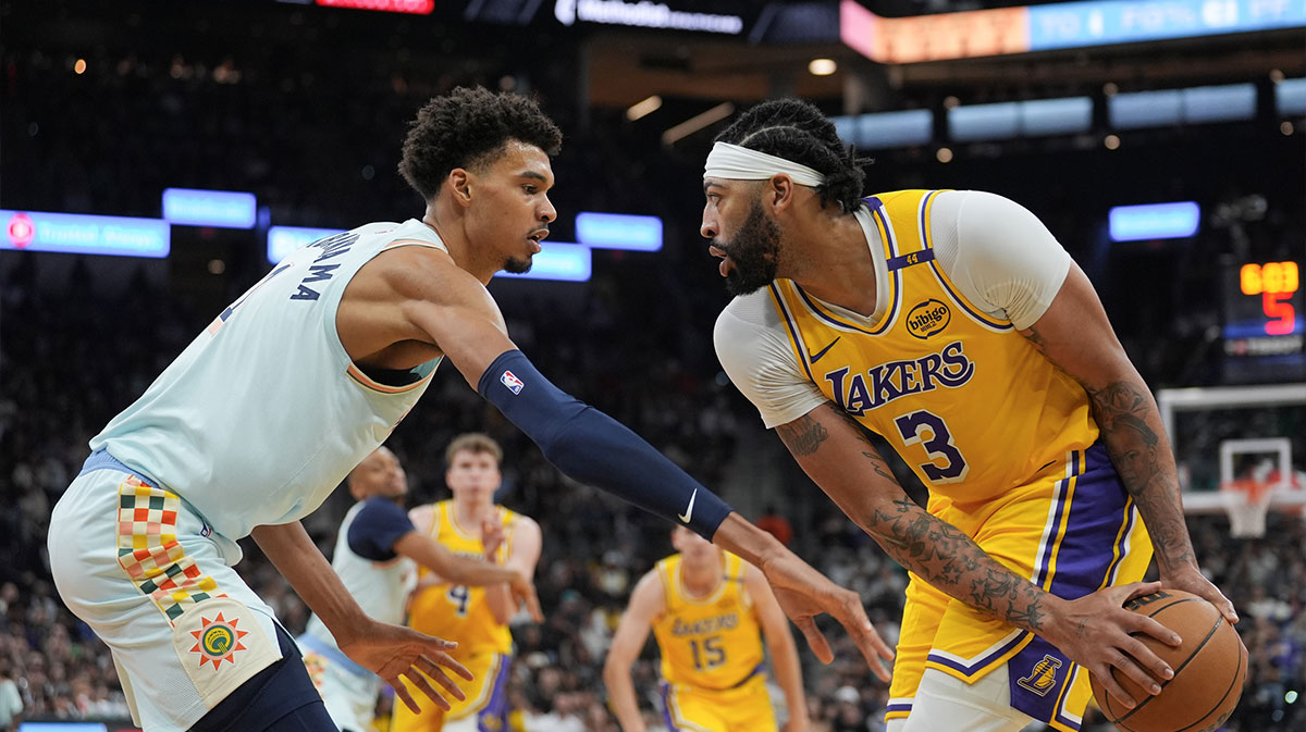 Los Angeles Lakers forward Anthony Davis (3) faces off against San Antonio Spurs center Victor Wembanyama (1) in the second half at Frost Bank Center. 