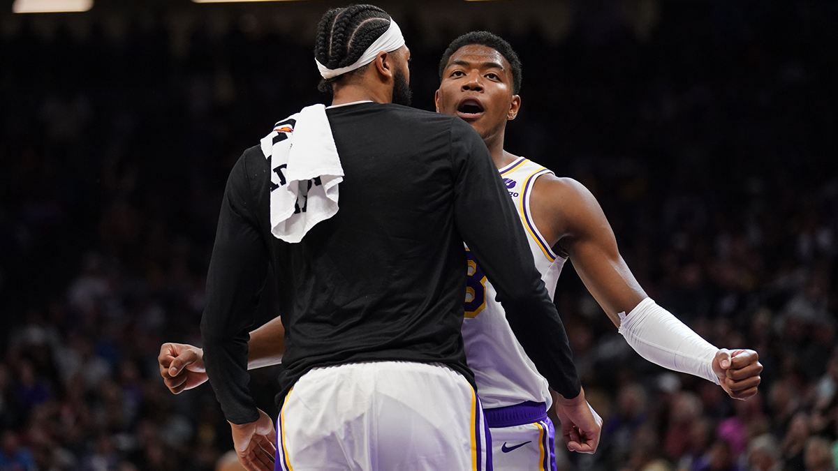 Los Angeles Lakers forward Rui Hachimura (28) is congratulated by forward Anthony Davis (3) after making a three-pointer against the Sacramento Kings in the fourth quarter at Golden 1 Center. 