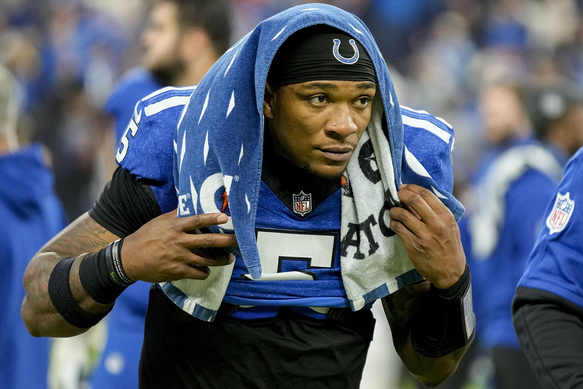 Indianapolis Colts quarterback Anthony Richardson (5) leaves the field after losing to the Detroit Lions at Lucas Oil Stadium.