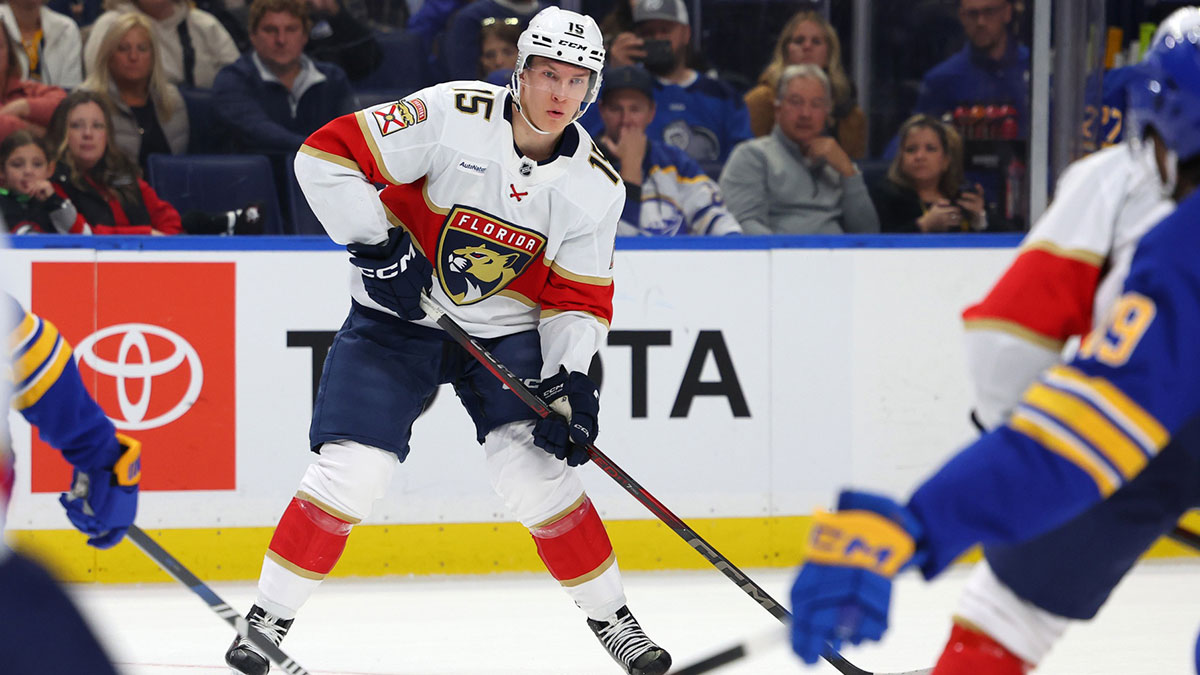 Florida Panthers center Anton Lundell (15) looks to make a pass during the first period against the Buffalo Sabres at KeyBank Center.