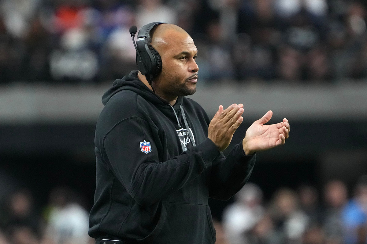 Las Vegas Raiders coach Antonio Pierce reacts in the first half against the Denver Broncos at Allegiant Stadium.