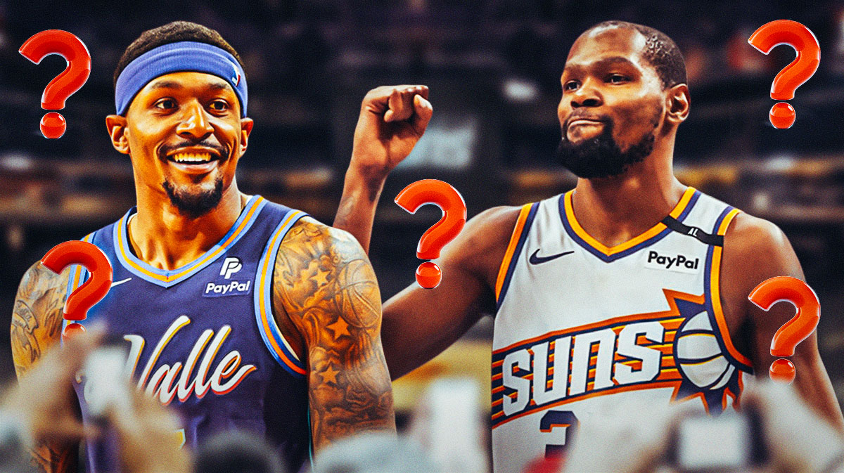 Suns' Kevin Durant and Bradley Beal smiling, with question marks all over