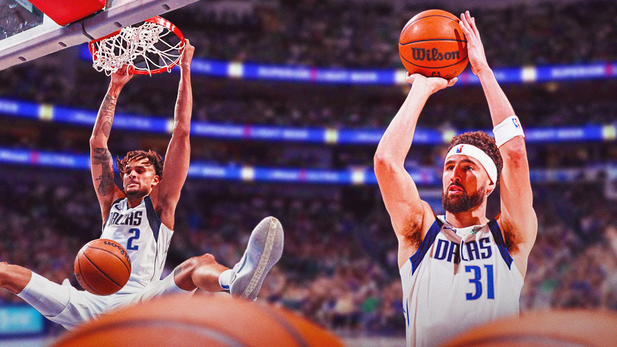 Mavericks Klay Thompson shooting a basketball, Mavericks Dereck Lively II dunking a basketball.