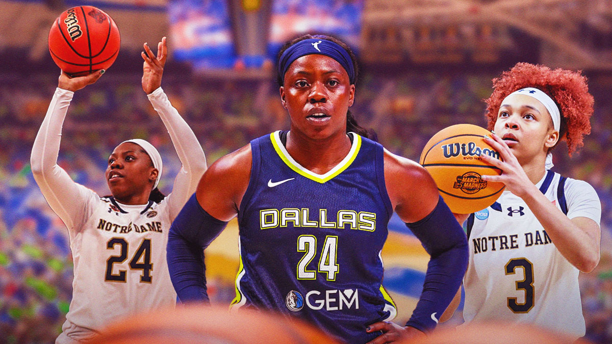 Wings Arike Ogunbowale in front. In background on left, Notre Dame Arike Ogunbowale shooting a basketball. In background on right, Notre Dame Hannah Hidalgo shooting a basketball.