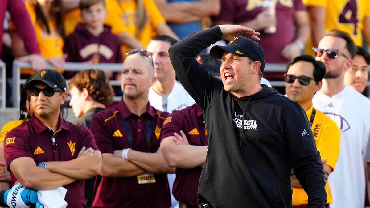 Arizona State head coach Kenny Dillingham argues with a call against BYU during the second half at Mountain America Stadium