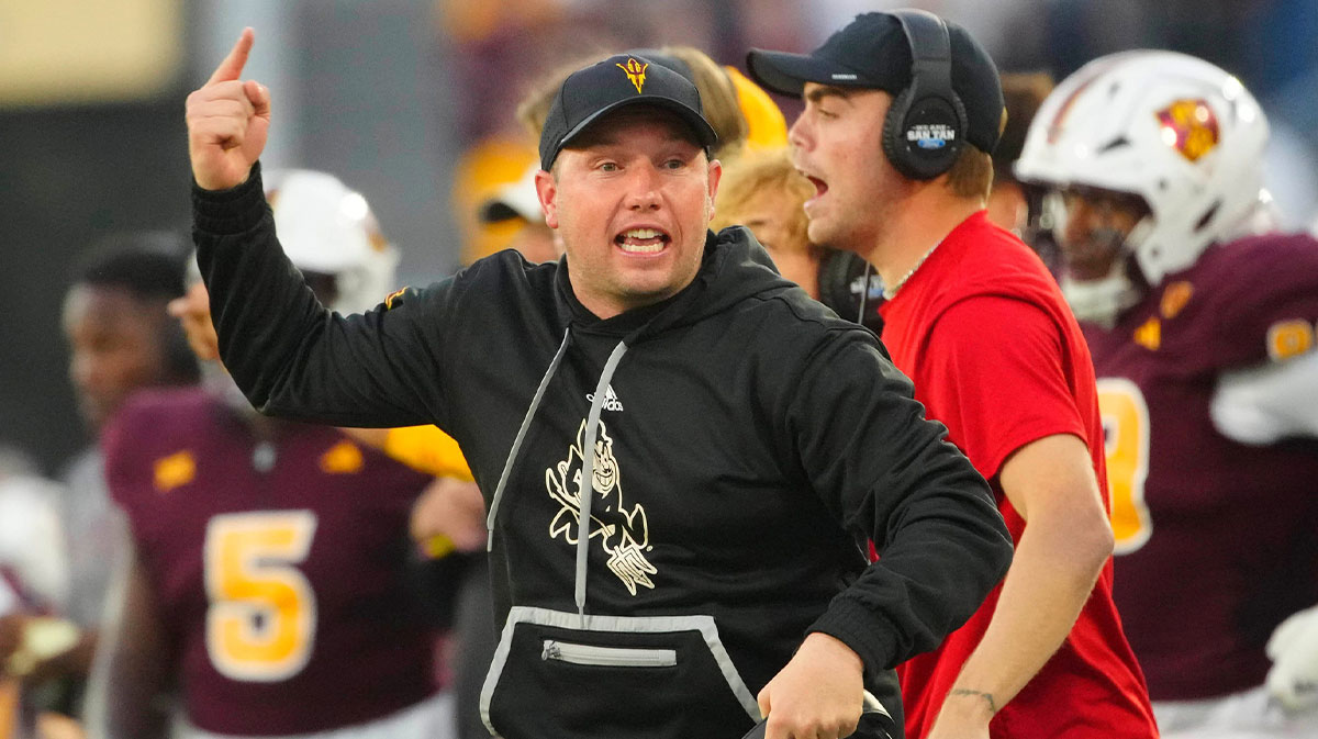 ASU head coach Kenny Dillingham yells to an official during a game against UCF at Mountain America Stadium in Tempe