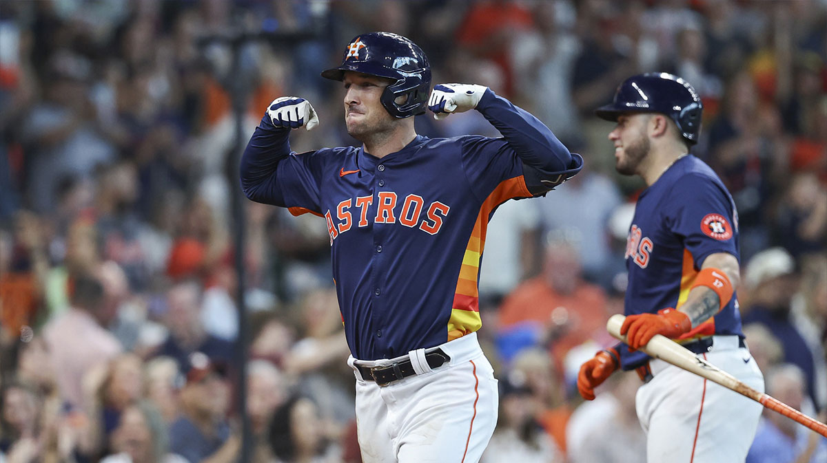 Houston Astros third baseman Alex Bregman (2) celebrates after hitting a home run during the fifth inning against the Los Angeles Angels at Minute Maid Park