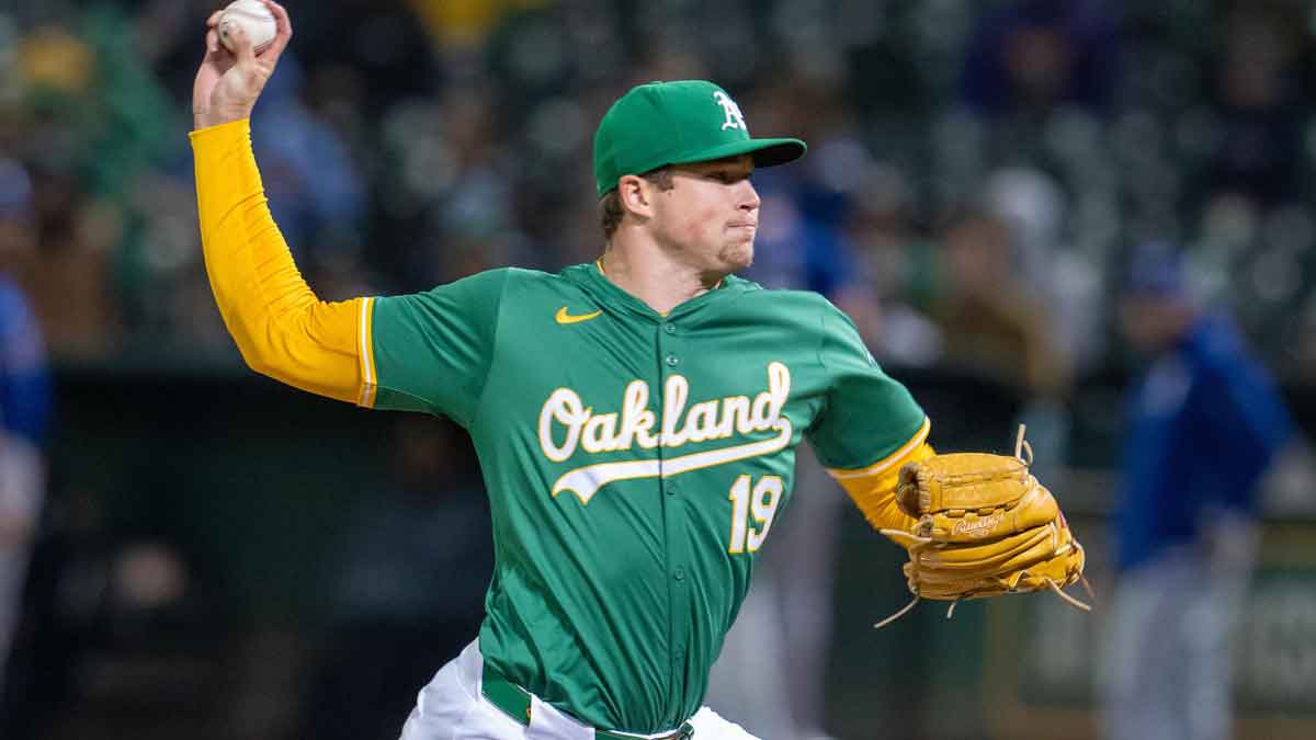 Oakland Athletics pitcher Mason Miller (19) delivers a pitch against the Texas Rangers during the ninth inning at Oakland-Alameda County Coliseum.