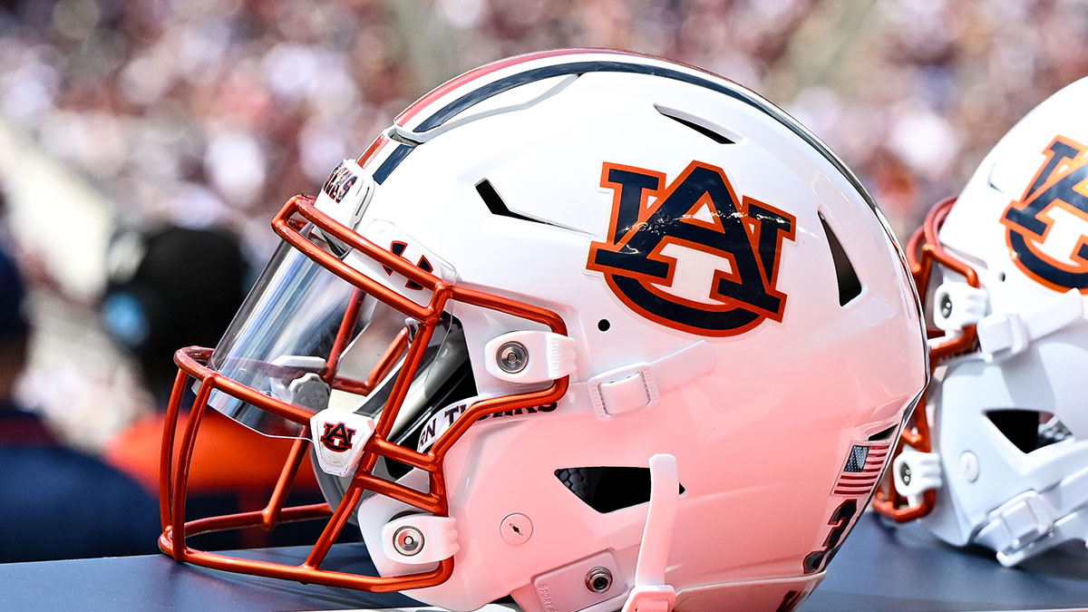 A detailed view of an Auburn Tigers helmet on the sideline of the game against the Texas A&M Aggies at Kyle Field.