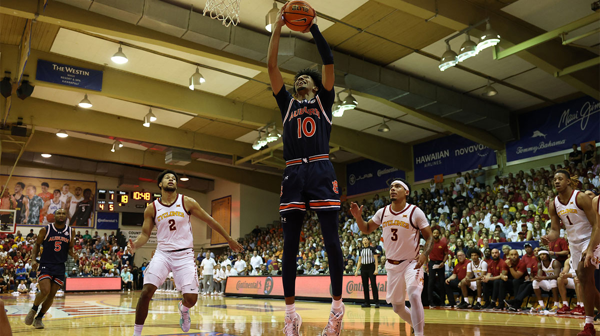 Auburn Tigers guard Chad Baker-Mazara (10) goes for the net over the Iowa State Cyclones during the first half an NCAA college basketball game at Lahaina Civic Center.