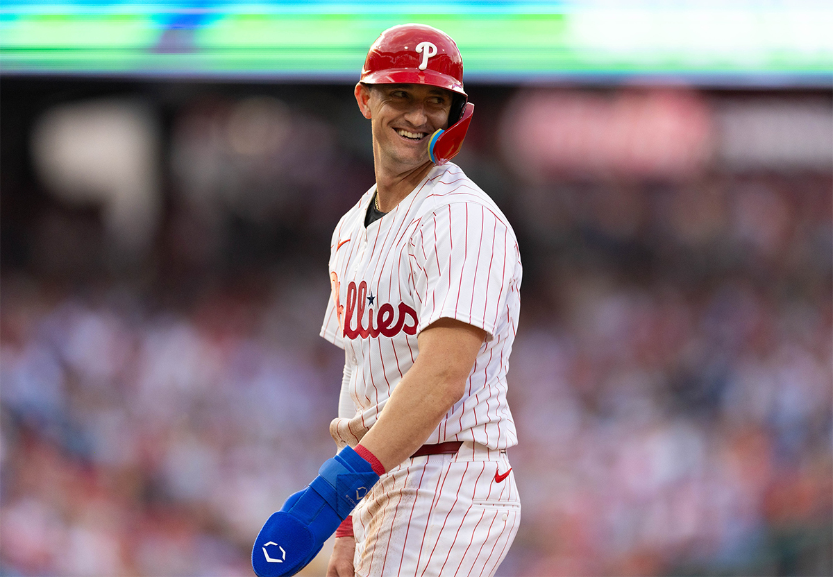 Philadelphia Phillies outfielder Austin Hayes (9) reacts after his single during the fourth inning against the Cleveland Guardians at Citizens Bank Park.