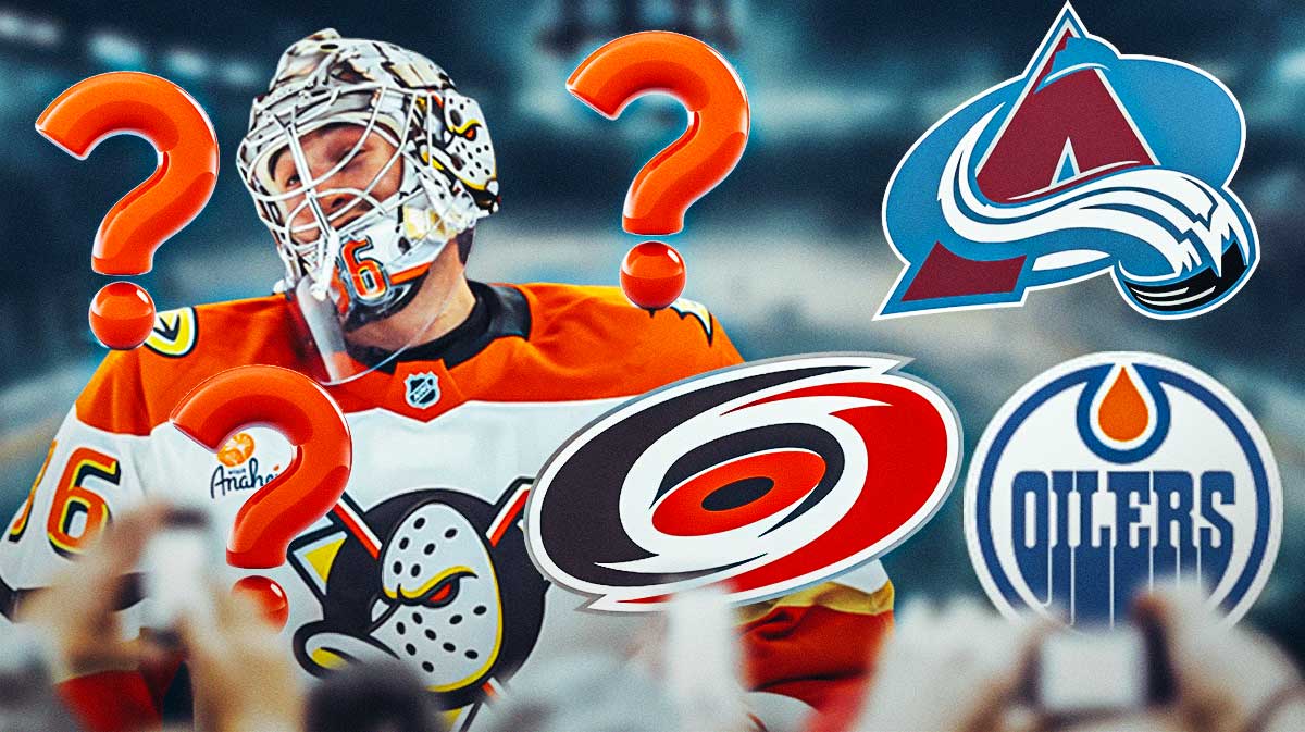 John Gibson looking stern, 3-5 question marks, Colorado Avalanche, Carolina Hurricanes and Edmonton Oilers logos, hockey rink in background