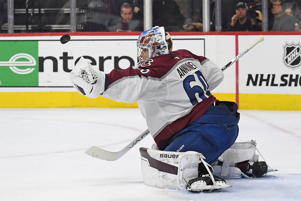 Colorado Avalanche goaltender Justus Annunen (60) makes a save against the Philadelphia Flyers during the third period at Wells Fargo Center.