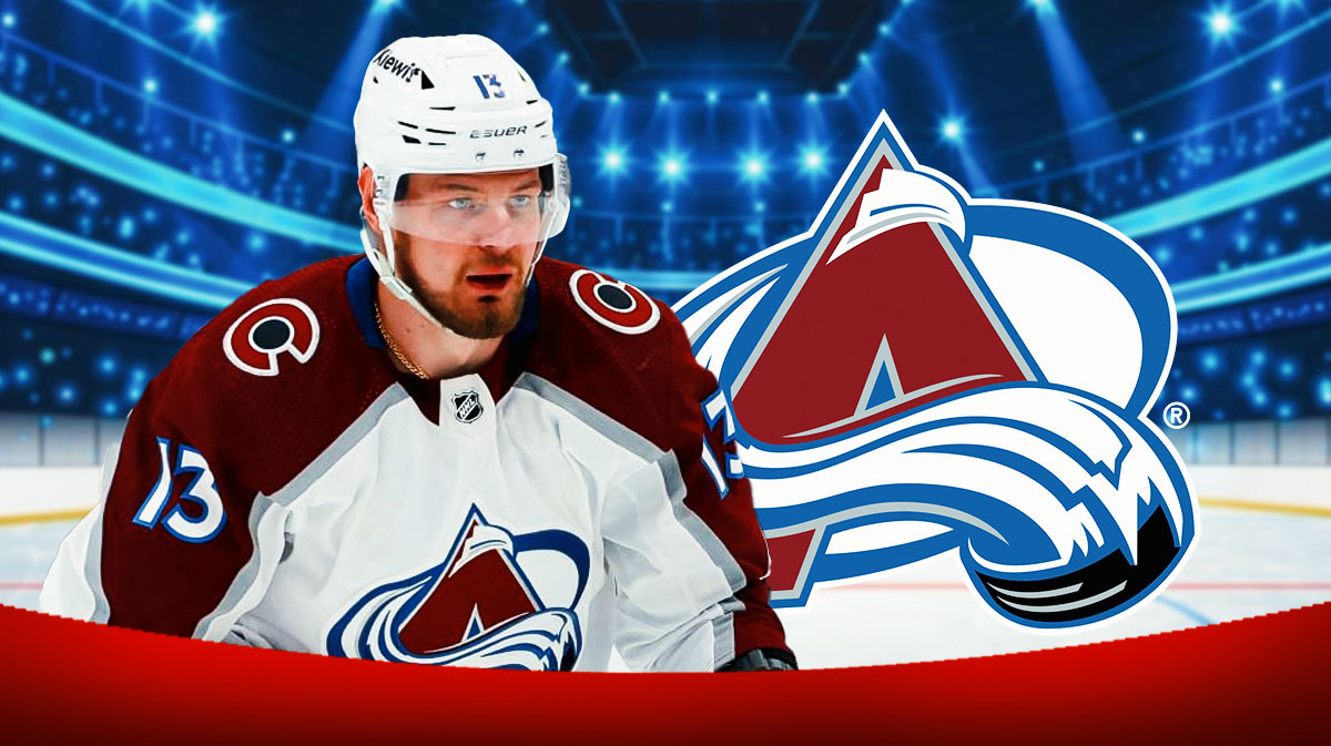 Valeri Nichushkin looking hopeful, Colorado Avalanche logo, hockey rink in background