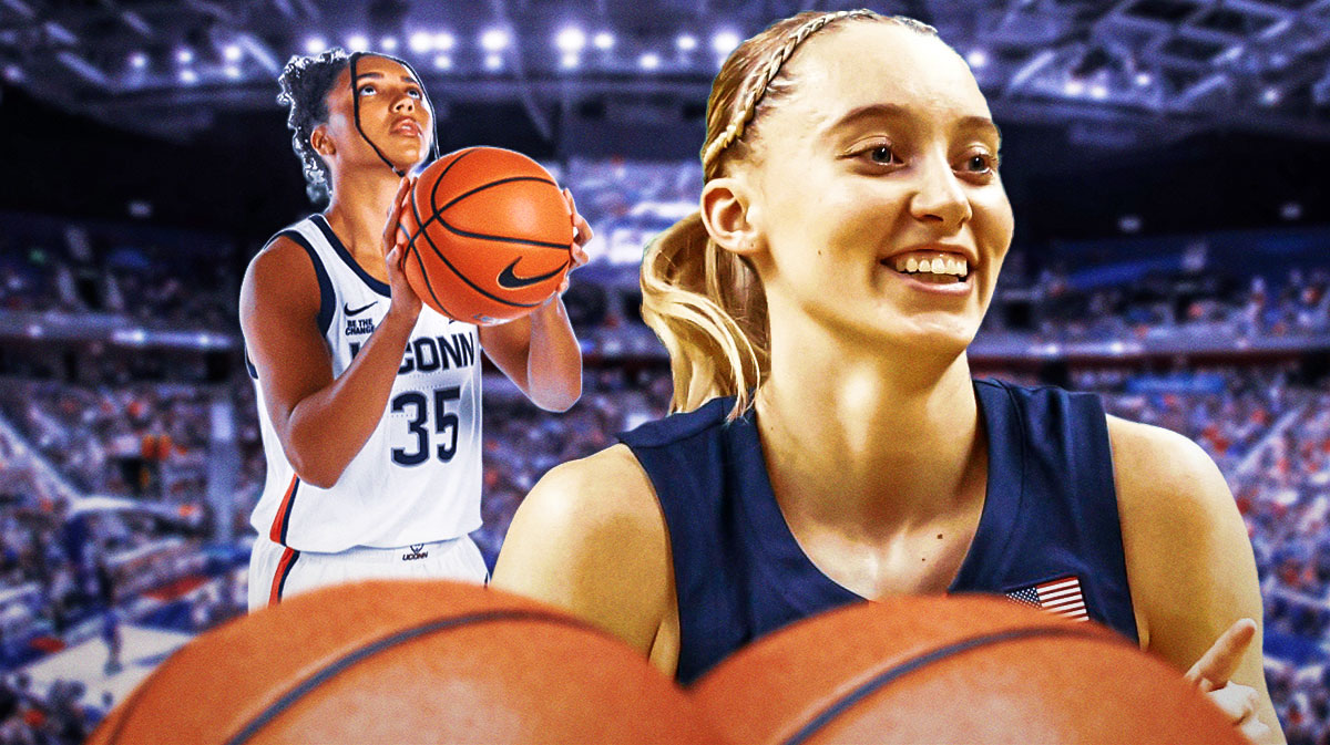 UConn women's basketball Paige Bueckers smiling, UConn women's basketball Azzi Fudd shooting a basketball.