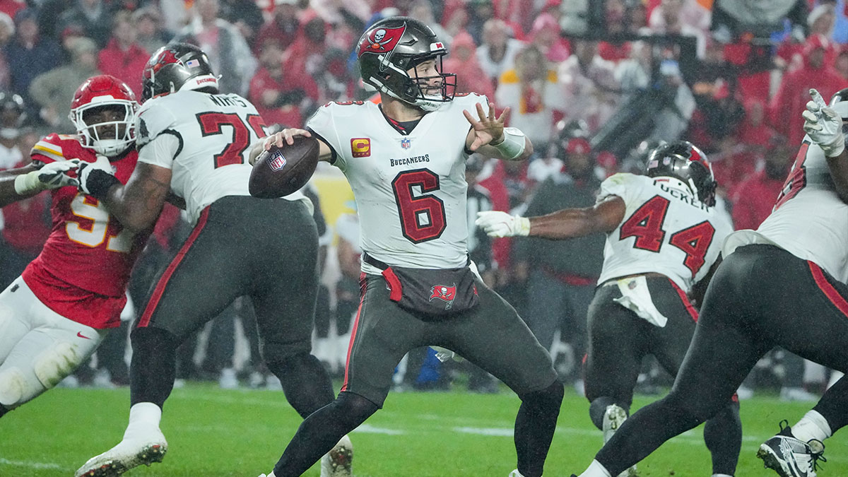 November 4, 2024; Kansas City, Missouri, USA; Tampa Bay Buccaneers quarterback Baker Mayfield (6) throws a pass against the Kansas City Chiefs during the second half at GEHA Field at Arrowhead Stadium. 