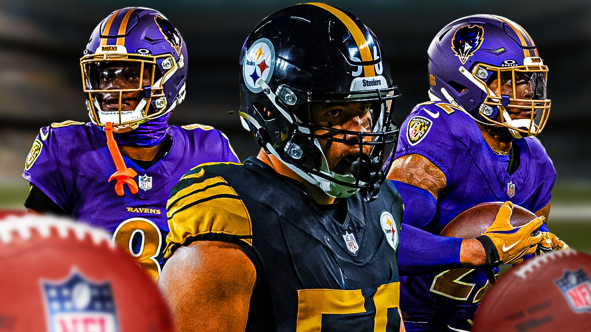 Alex Highsmith, Lamar Jackson, and Derrick Henry on the Ravens stadium