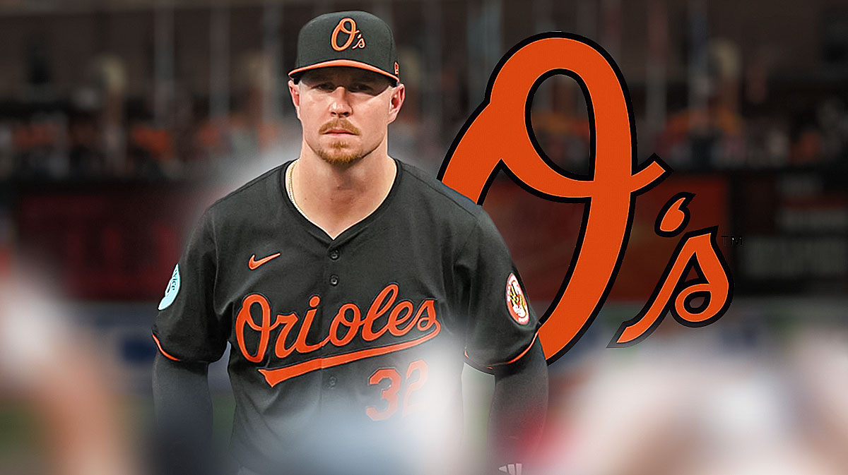 Ryan O'Hearn (Orioles) in front of Camden Yards with O's logo in background