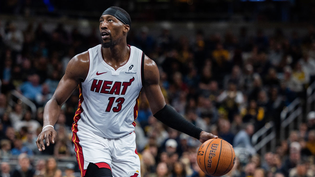 Miami Heat center Bam Adebayo (13) dribbles the ball in the second half against the Indiana Pacers at Gainbridge Fieldhouse.