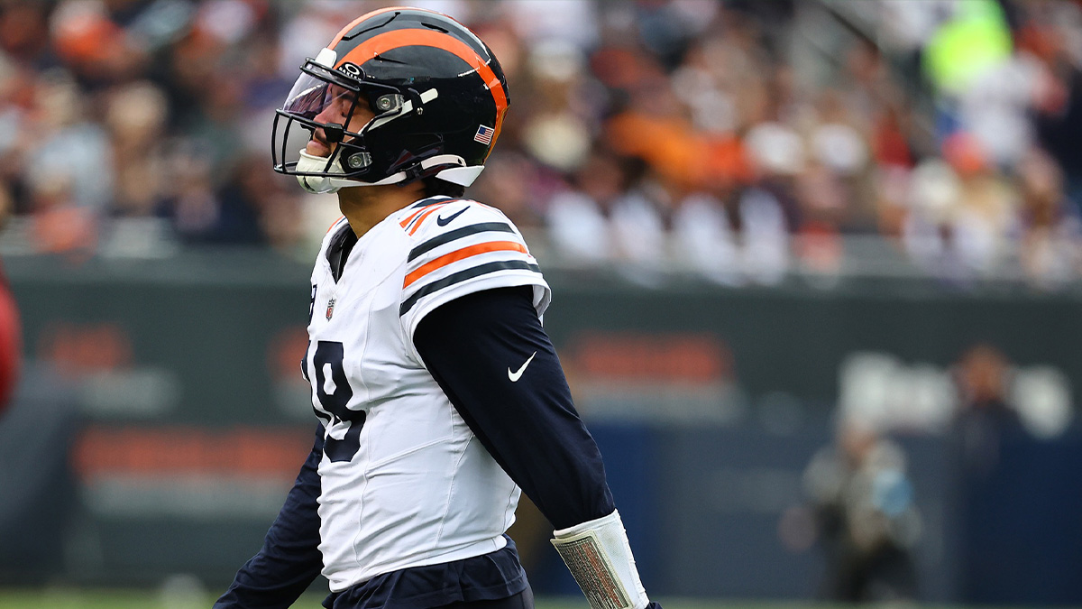 Chicago Bears quarterback Caleb Williams (18) reacts after a play against the Minnesota Vikings during the second half at Soldier Field.